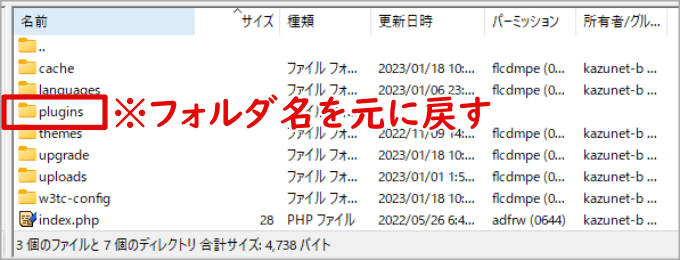 pluginssのフォルダ名を元に戻す