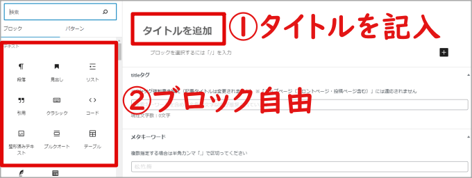 ブロックエディターの固定ページ画面